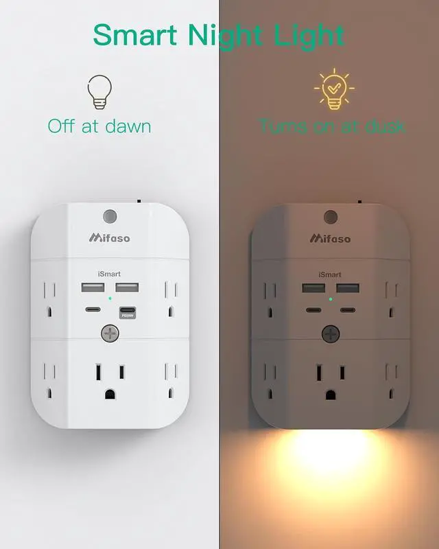 Alt view image 2 of 7 - Surge Protector Outlet Extender - with Night Light, PD20W USB C Charger, 5-Outlet Splitter, Multi Plug Outlet for Home, Dorm Room Essentials
