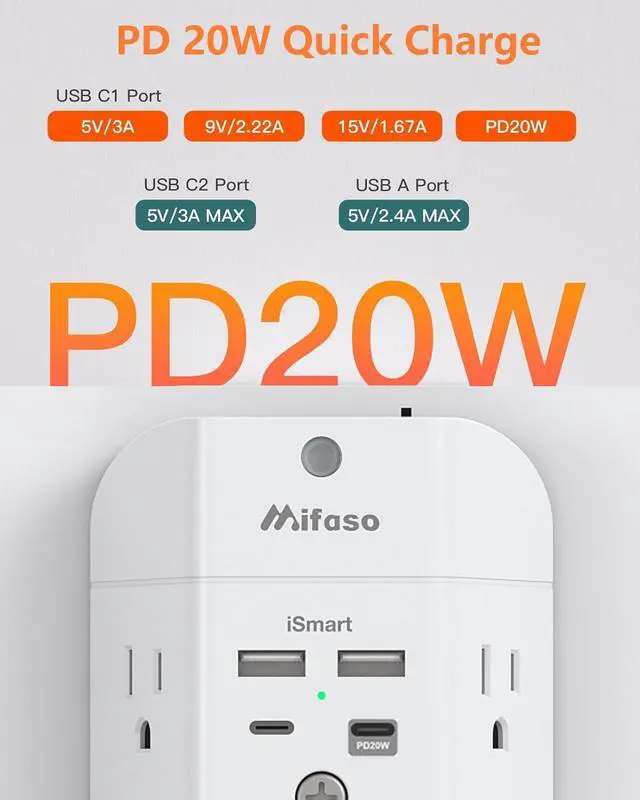 Alt view image 6 of 7 - Surge Protector Outlet Extender - with Night Light, PD20W USB C Charger, 5-Outlet Splitter, Multi Plug Outlet for Home, Dorm Room Essentials