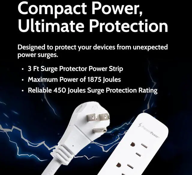 Alt view image 2 of 6 - Precision Power Flat Plug Surge Protector Extension with 3 feet Cord  Compact Heavy Duty Power Strip & Flat Plug with 3 AC Outlets, 3 USB Ports for Home and Office