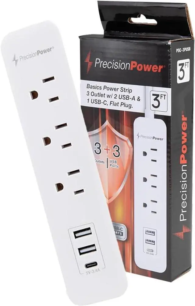 Main image of Precision Power Flat Plug Surge Protector Extension with 3 feet Cord  Compact Heavy Duty Power Strip & Flat Plug with 3 AC Outlets, 3 USB Ports for Home and Office