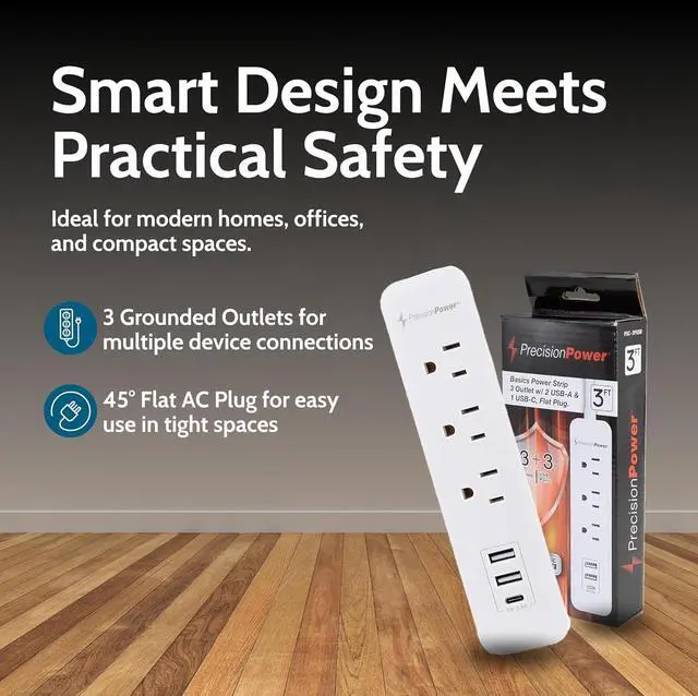 Alt view image 3 of 6 - Precision Power Flat Plug Surge Protector Extension with 3 feet Cord  Compact Heavy Duty Power Strip & Flat Plug with 3 AC Outlets, 3 USB Ports for Home and Office
