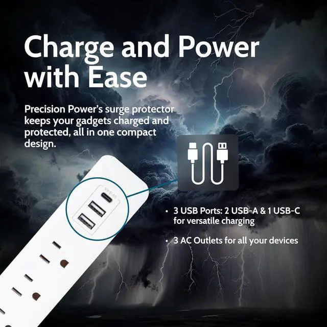 Alt view image 4 of 6 - Precision Power Flat Plug Surge Protector Extension with 3 feet Cord  Compact Heavy Duty Power Strip & Flat Plug with 3 AC Outlets, 3 USB Ports for Home and Office