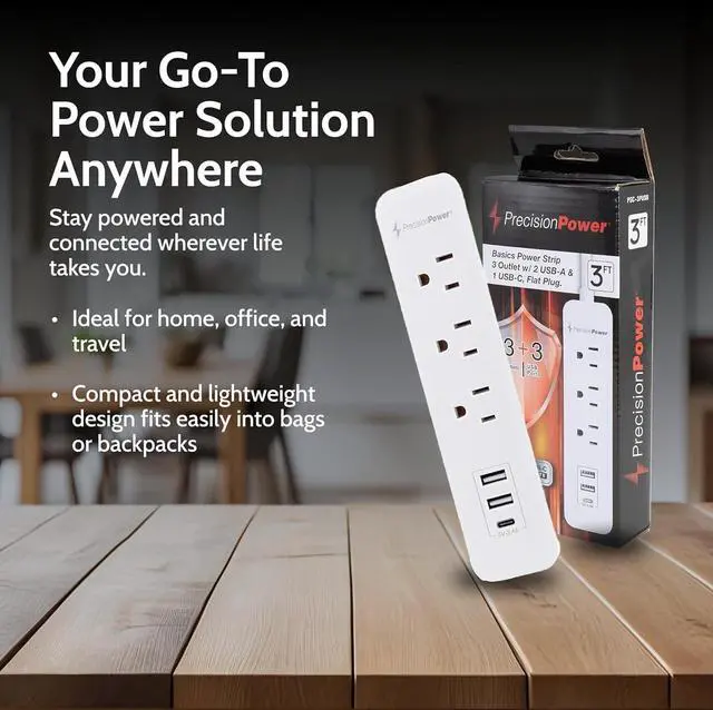 Alt view image 6 of 6 - Precision Power Flat Plug Surge Protector Extension with 3 feet Cord  Compact Heavy Duty Power Strip & Flat Plug with 3 AC Outlets, 3 USB Ports for Home and Office