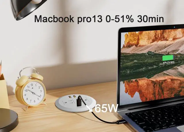 Alt view image 2 of 6 - 3 Inch Desktop Power Grommet,65W GaN USB C Fast Charging Station,3-USB Port,Flush Mounted for 3-1/8" Holes,Flat Plug.Round Recessed Desk Grommet Outlet for Workspace,Laptops,6.3ft,White