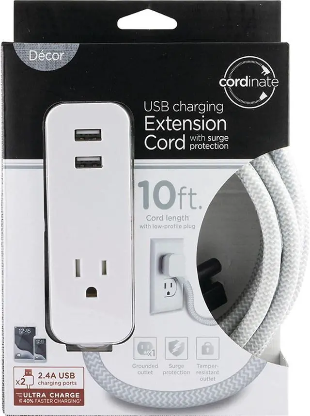 Alt view image 2 of 4 - Cordinate Designer 1-Outlet 2-USB Charging Extension Cord with Surge Protection, Gray Braided Décor Fabric Cord, 10 ft, 2.4A USB Charging Ports, with Tamper Resistant Safety Outlets, 37917