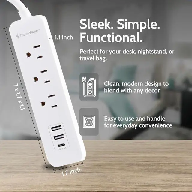 Alt view image 5 of 6 - Precision Power Flat Plug Surge Protector Extension with 3 feet Cord  Compact Heavy Duty Power Strip & Flat Plug with 3 AC Outlets, 3 USB Ports for Home and Office