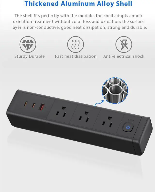 Alt view image 4 of 7 - Desk Clamp Power Strip with 65W USB-C&USB A Ports 3 AC Outlet, Nightstand Edge Mount Charging Station Power Strip with USB-C Ports Tabletop Surge Protector for Home Office, Dorm Room(Black)