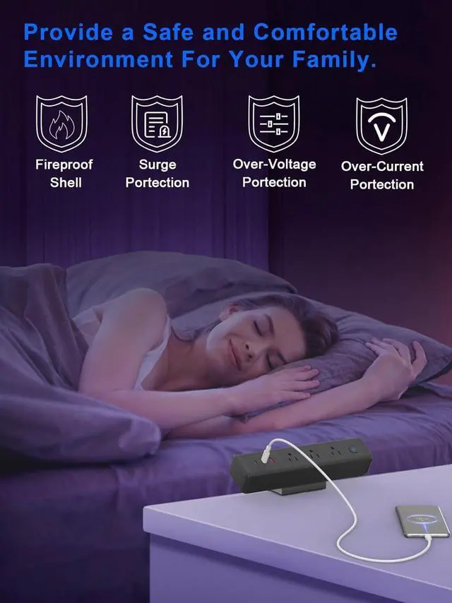 Alt view image 5 of 7 - Desk Clamp Power Strip with 65W USB-C&USB A Ports 3 AC Outlet, Nightstand Edge Mount Charging Station Power Strip with USB-C Ports Tabletop Surge Protector for Home Office, Dorm Room(Black)