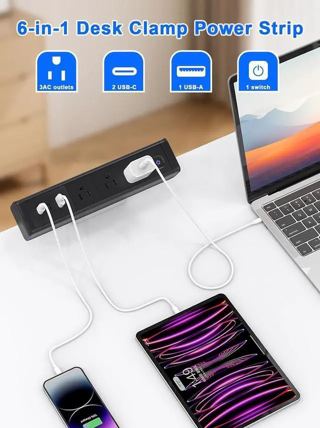 Alt view image 6 of 7 - Desk Clamp Power Strip with 65W USB-C&USB A Ports 3 AC Outlet, Nightstand Edge Mount Charging Station Power Strip with USB-C Ports Tabletop Surge Protector for Home Office, Dorm Room(Black)