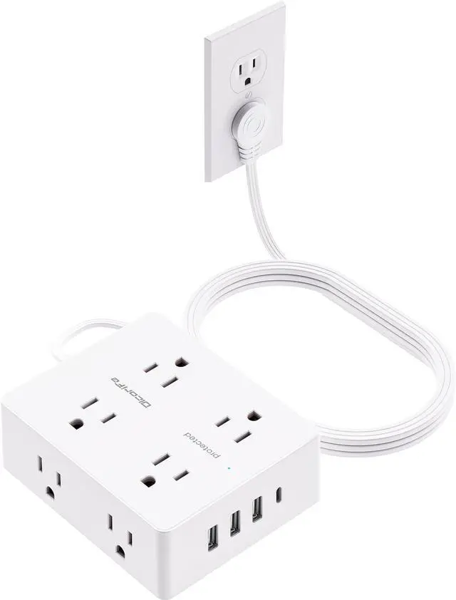 Main image of Surge Protector Power Strip 10 ft Cord, Olcorife Ultra Thin Flat Plug Extension Cord, 8 Outlets 4 USB Ports(1 USB C), Flat Plug Outlet Extender, College Dorm Room Essentials, White