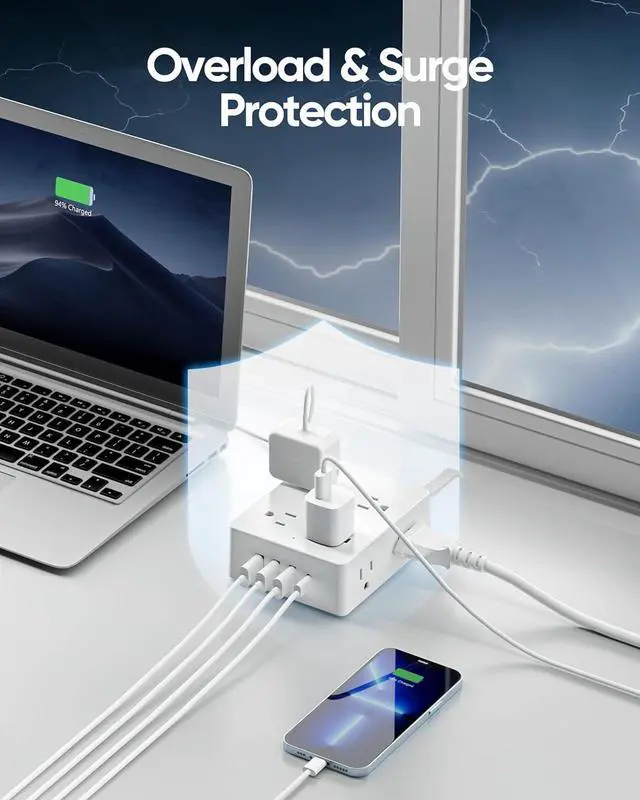 Alt view image 4 of 6 - Surge Protector Power Strip 10 ft Cord, Olcorife Ultra Thin Flat Plug Extension Cord, 8 Outlets 4 USB Ports(1 USB C), Flat Plug Outlet Extender, College Dorm Room Essentials, White