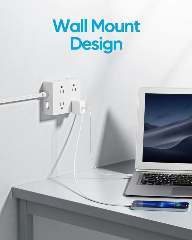 Alt view image 5 of 6 - Surge Protector Power Strip 10 ft Cord, Olcorife Ultra Thin Flat Plug Extension Cord, 8 Outlets 4 USB Ports(1 USB C), Flat Plug Outlet Extender, College Dorm Room Essentials, White