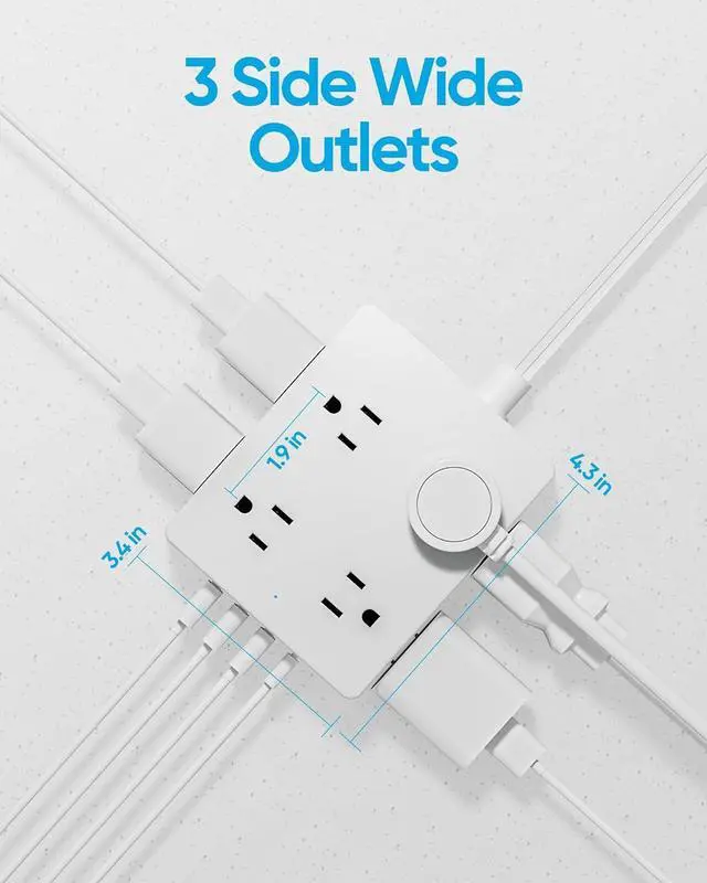 Alt view image 6 of 6 - Surge Protector Power Strip 10 ft Cord, Olcorife Ultra Thin Flat Plug Extension Cord, 8 Outlets 4 USB Ports(1 USB C), Flat Plug Outlet Extender, College Dorm Room Essentials, White