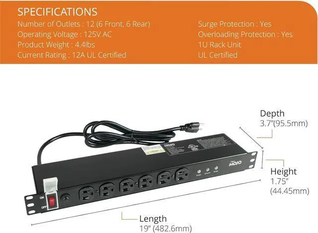 Main image of Tecmojo 1U Rackmount Network-Grade PDU Surge Protector Power Strip, 12 Outlets (6 Front, 6 Rear Wide Spaced) 12A 6ft Cord with 5-15P Lug - Black, UL Certified