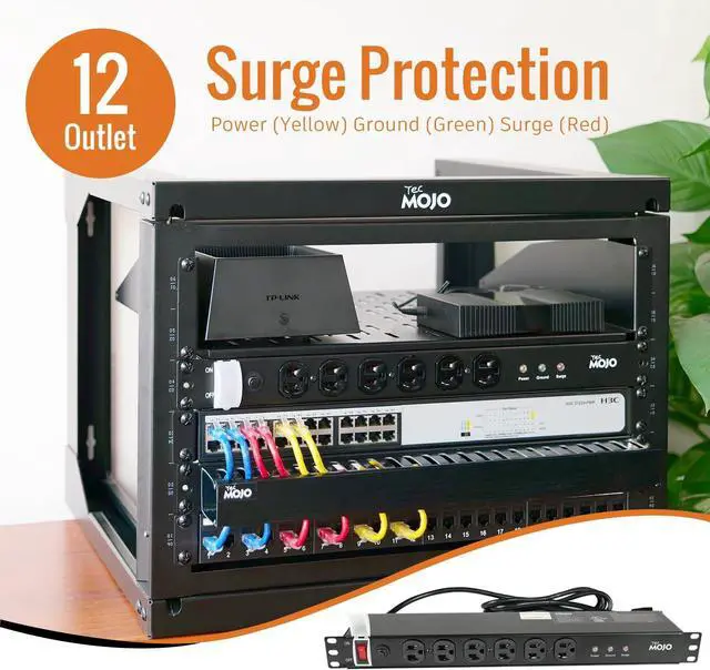 Alt view image 2 of 5 - Tecmojo 1U Rackmount Network-Grade PDU Surge Protector Power Strip, 12 Outlets (6 Front, 6 Rear Wide Spaced) 12A 6ft Cord with 5-15P Lug - Black, UL Certified