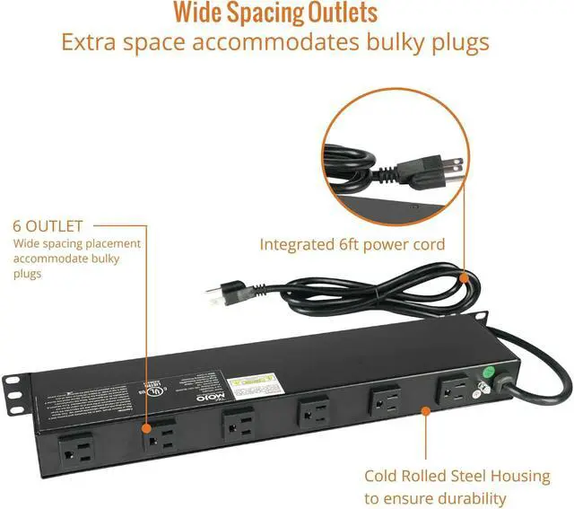 Alt view image 4 of 5 - Tecmojo 1U Rackmount Network-Grade PDU Surge Protector Power Strip, 12 Outlets (6 Front, 6 Rear Wide Spaced) 12A 6ft Cord with 5-15P Lug - Black, UL Certified