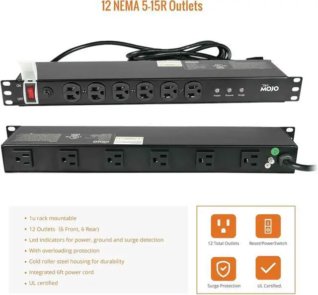 Alt view image 5 of 5 - Tecmojo 1U Rackmount Network-Grade PDU Surge Protector Power Strip, 12 Outlets (6 Front, 6 Rear Wide Spaced) 12A 6ft Cord with 5-15P Lug - Black, UL Certified