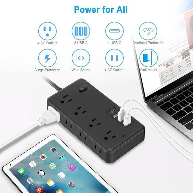 Alt view image 2 of 6 - FUAUFAS 10 FT Surge Protector Power Strip, Extension Cord with 8 AC Outlets 3 USB (1 USB C) Ports, Flat Plug, Multi Outlet Wall Plug for Travel, College, Dorm Room Essentials.