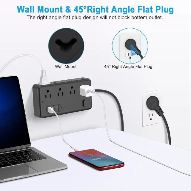 Alt view image 3 of 6 - FUAUFAS 10 FT Surge Protector Power Strip, Extension Cord with 8 AC Outlets 3 USB (1 USB C) Ports, Flat Plug, Multi Outlet Wall Plug for Travel, College, Dorm Room Essentials.