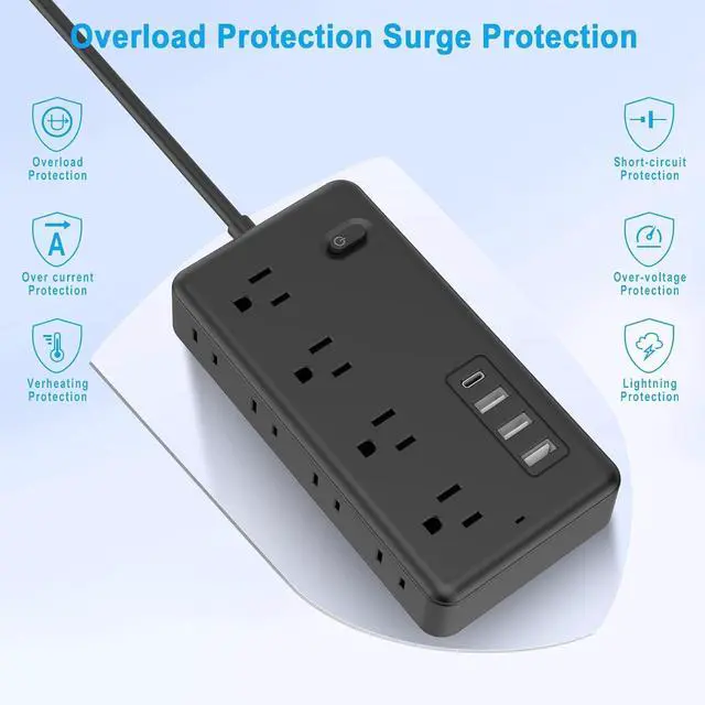 Alt view image 4 of 6 - FUAUFAS 10 FT Surge Protector Power Strip, Extension Cord with 8 AC Outlets 3 USB (1 USB C) Ports, Flat Plug, Multi Outlet Wall Plug for Travel, College, Dorm Room Essentials.