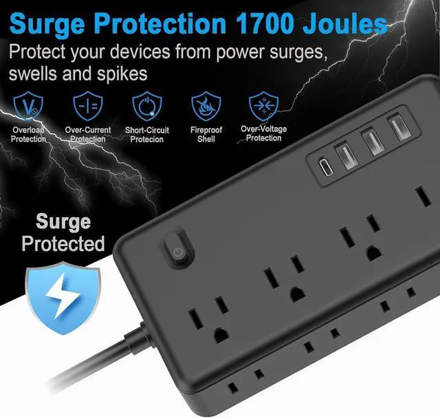Alt view image 6 of 6 - FUAUFAS 10 FT Surge Protector Power Strip, Extension Cord with 8 AC Outlets 3 USB (1 USB C) Ports, Flat Plug, Multi Outlet Wall Plug for Travel, College, Dorm Room Essentials.