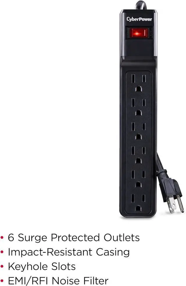 Alt view image 2 of 5 - CyberPower CSB604 Essential Surge Protector, 900J/125V, 6 Outlets, 4ft Power Cord, Black