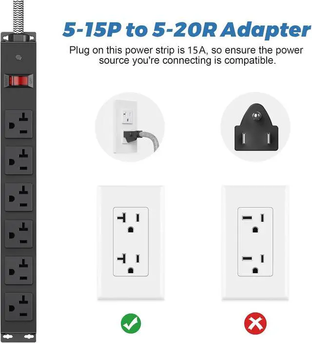 Alt view image 5 of 7 - Heavy Duty Power Strip 20 amp Surge Protector,Wall mountable Power Strip,12 Gauge Extension Cord 5-15P Adapter High Amp 6-20R T-Slot Industrial Outlet,for Garage,Workshop & Industrial