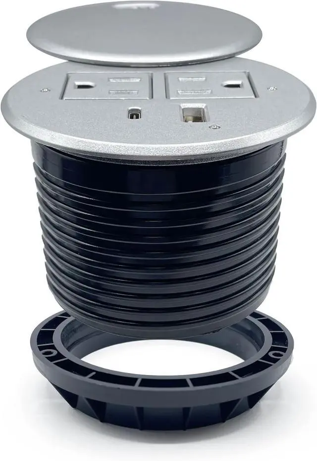 ApexDesk Desktop Power Grommet with 2X AC Outlets, 1x USB-C and 1x USB-A Charging Ports. Fits 3.15" Round Desk Grommet Holes - Silver