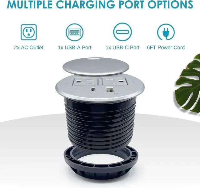 Alt view image 2 of 7 - ApexDesk Desktop Power Grommet with 2X AC Outlets, 1x USB-C and 1x USB-A Charging Ports. Fits 3.15" Round Desk Grommet Holes - Silver