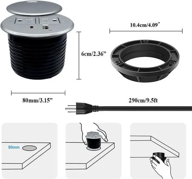 Alt view image 6 of 7 - ApexDesk Desktop Power Grommet with 2X AC Outlets, 1x USB-C and 1x USB-A Charging Ports. Fits 3.15" Round Desk Grommet Holes - Silver