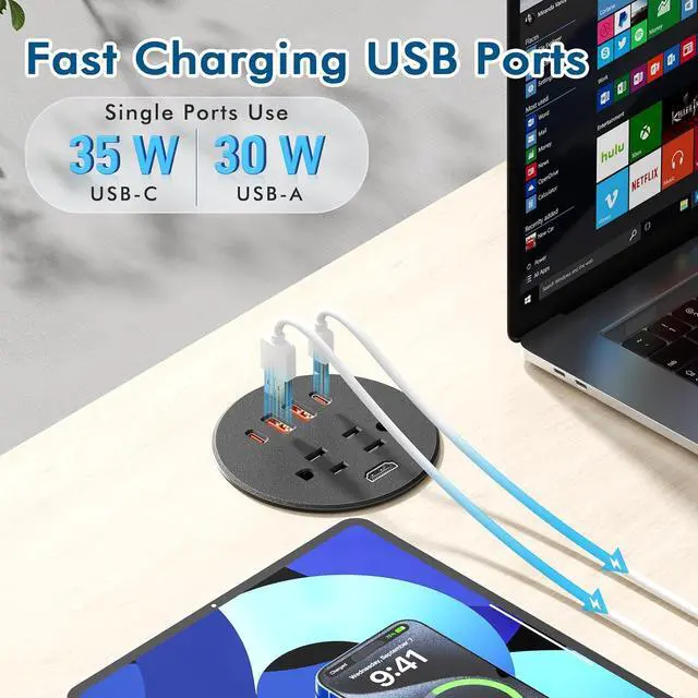 Alt view image 3 of 7 - Desk Power Grommet with 35W USB C Fast Charging, 3 Inch Desktop Recessed Outlet with 4 USB Ports, HDMI Ports, Flush Mount Outlets Desk Charging Station for Conference Rooms, Office Tables, Furniture