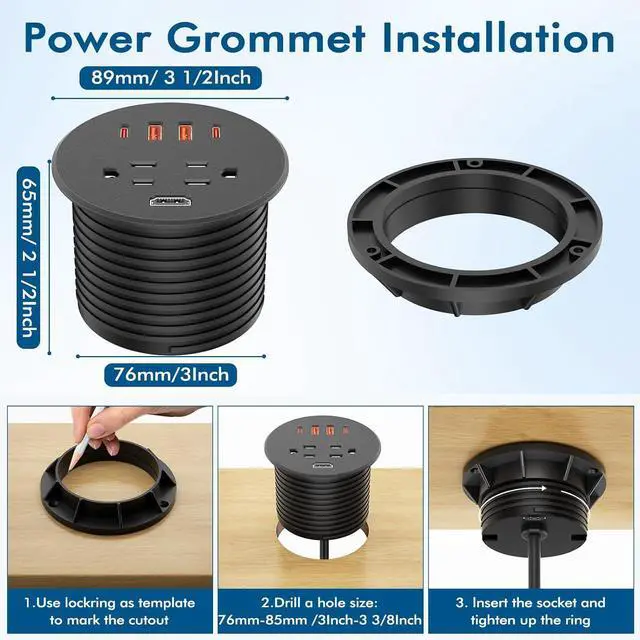Alt view image 6 of 7 - Desk Power Grommet with 35W USB C Fast Charging, 3 Inch Desktop Recessed Outlet with 4 USB Ports, HDMI Ports, Flush Mount Outlets Desk Charging Station for Conference Rooms, Office Tables, Furniture
