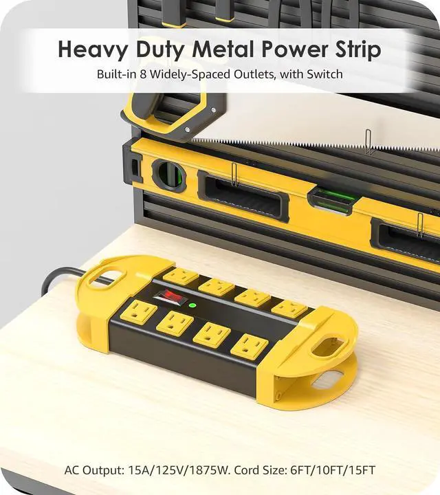 Alt view image 2 of 7 - CCCEI Heavy Duty Power Strip Surge Protector, Metal 8 Outlets Power Strip for Appliance. Garage Shop Industrial Workbench 15 AMP Outlets Strip. 15FT Extension Cord. Set