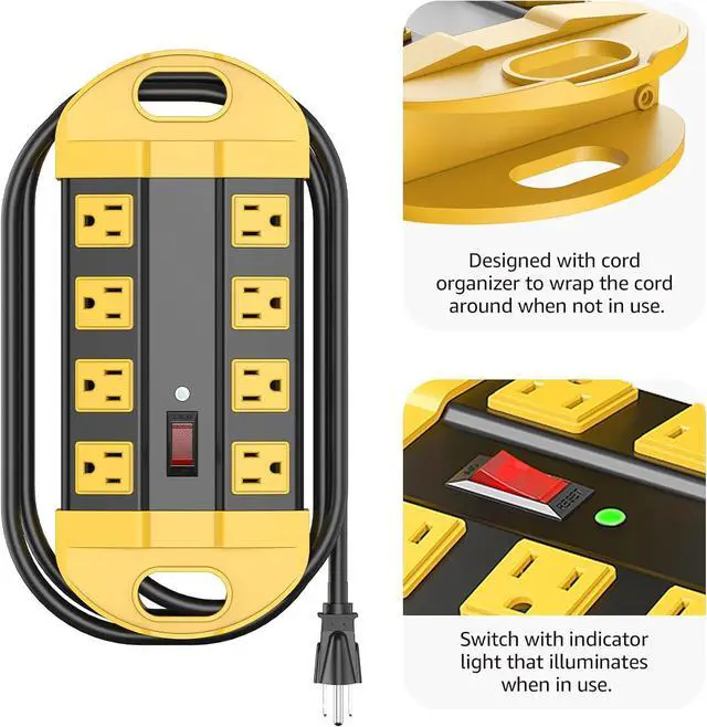 Alt view image 4 of 7 - CCCEI Heavy Duty Power Strip Surge Protector, Metal 8 Outlets Power Strip for Appliance. Garage Shop Industrial Workbench 15 AMP Outlets Strip. 15FT Extension Cord. Set