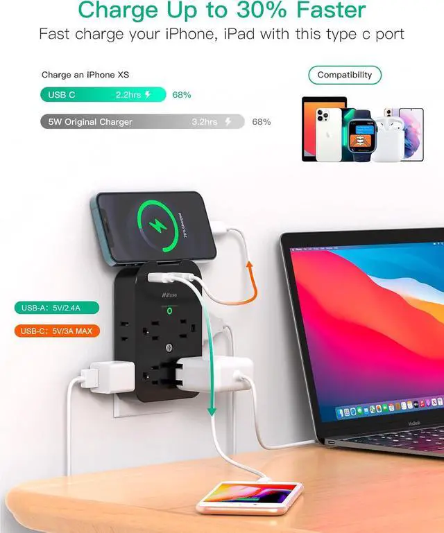 Alt view image 2 of 7 - Outlet Extender - Wall Surge Protector with 8 Outlets 2 USB C 1 USB A, Wall Mount Adapter with Top Phone Holder for Home, School, Office 1800 Joules, Black