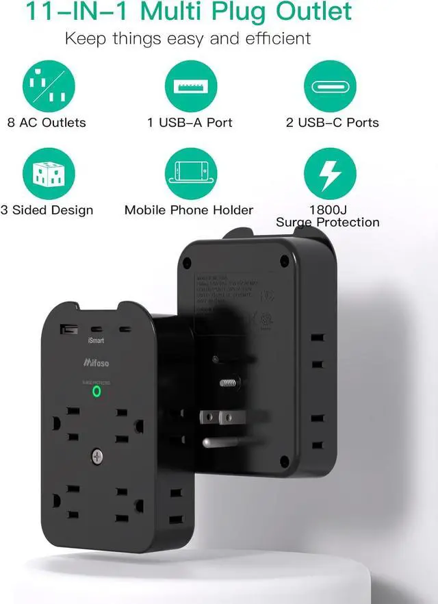 Alt view image 3 of 7 - Outlet Extender - Wall Surge Protector with 8 Outlets 2 USB C 1 USB A, Wall Mount Adapter with Top Phone Holder for Home, School, Office 1800 Joules, Black