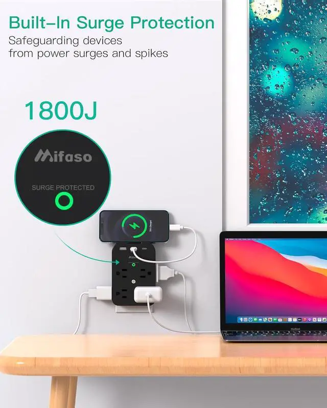 Alt view image 4 of 7 - Outlet Extender - Wall Surge Protector with 8 Outlets 2 USB C 1 USB A, Wall Mount Adapter with Top Phone Holder for Home, School, Office 1800 Joules, Black
