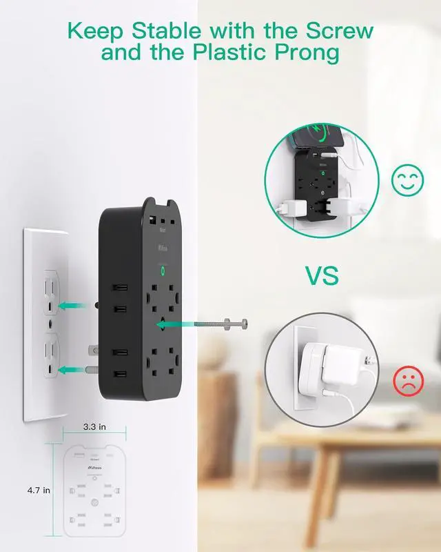 Alt view image 5 of 7 - Outlet Extender - Wall Surge Protector with 8 Outlets 2 USB C 1 USB A, Wall Mount Adapter with Top Phone Holder for Home, School, Office 1800 Joules, Black