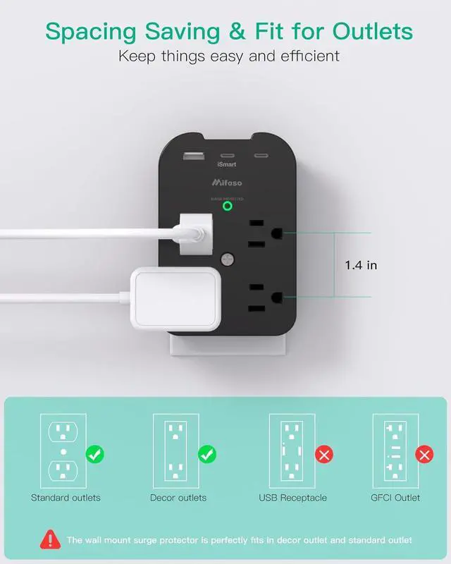 Alt view image 6 of 7 - Outlet Extender - Wall Surge Protector with 8 Outlets 2 USB C 1 USB A, Wall Mount Adapter with Top Phone Holder for Home, School, Office 1800 Joules, Black