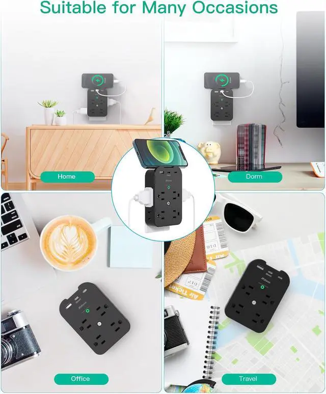 Alt view image 7 of 7 - Outlet Extender - Wall Surge Protector with 8 Outlets 2 USB C 1 USB A, Wall Mount Adapter with Top Phone Holder for Home, School, Office 1800 Joules, Black