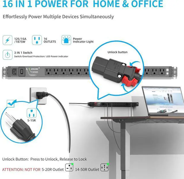 Alt view image 3 of 7 - 16 Outlet Heavy Duty Surge Protector Power Strip, 15A/125V with Switch, 5-15R Outlets, 6 Ft 5-15P to Auto-Lock Power Cable, Aluminum Alloy Mountable Power Strip for Home, Office, Garage