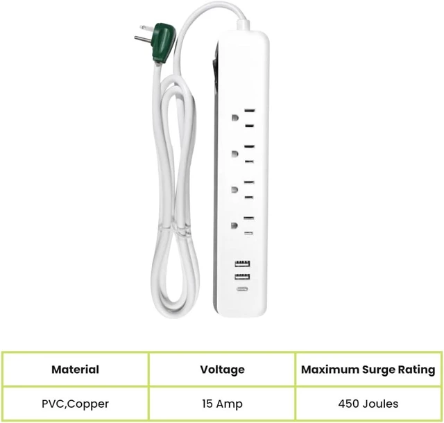Alt view image 2 of 7 - Go Green Power Inc. 6-ft Cord Surge Protector with 4 Outlets, USB-A and USB-C, 450 Joules - Compact, Heavy Duty, Circuit Breaker - Ideal for Home & Office - GG-1462USBC
