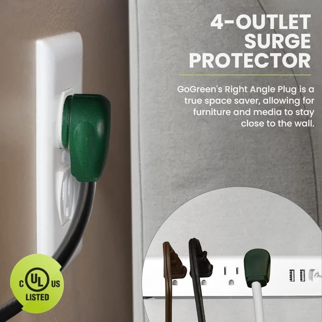 Alt view image 3 of 7 - Go Green Power Inc. 6-ft Cord Surge Protector with 4 Outlets, USB-A and USB-C, 450 Joules - Compact, Heavy Duty, Circuit Breaker - Ideal for Home & Office - GG-1462USBC