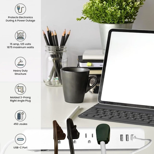 Alt view image 6 of 7 - Go Green Power Inc. 6-ft Cord Surge Protector with 4 Outlets, USB-A and USB-C, 450 Joules - Compact, Heavy Duty, Circuit Breaker - Ideal for Home & Office - GG-1462USBC