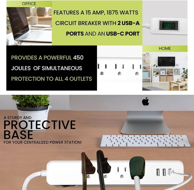 Alt view image 7 of 7 - Go Green Power Inc. 6-ft Cord Surge Protector with 4 Outlets, USB-A and USB-C, 450 Joules - Compact, Heavy Duty, Circuit Breaker - Ideal for Home & Office - GG-1462USBC