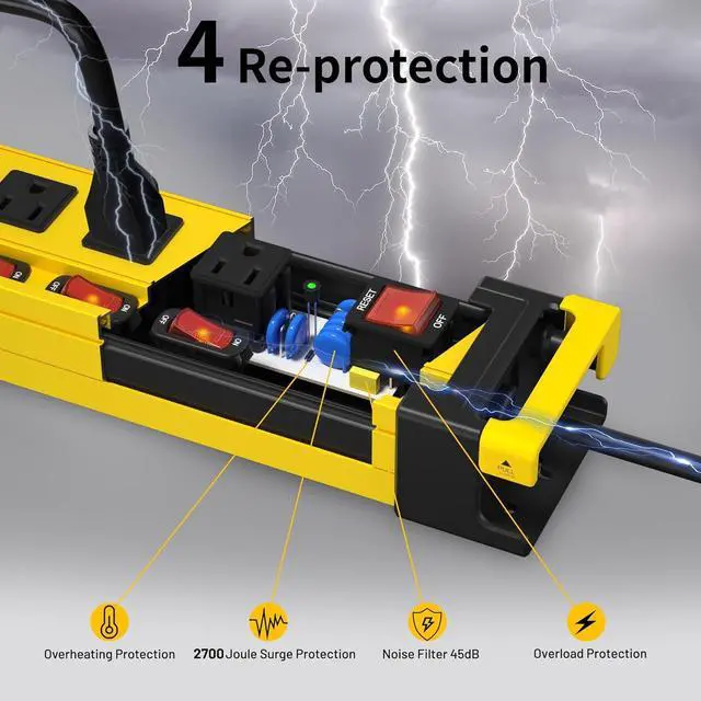 Alt view image 4 of 7 - Power Strip 10 Outlet,3300J Surge Protector with Individual Switches,9FT Cord 14AWG/15AMP/1875W,Metal Heavy Duty Power Strip with Cord Manager,for Workshop,Garage,Shop,Home