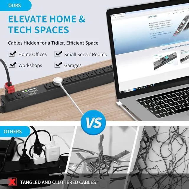 Alt view image 4 of 7 - 16 Outlet Heavy Duty Surge Protector Power Strip, 15A/125V with Switch, 5-15R Outlets, 6 Ft 5-15P to Auto-Lock Power Cable, Aluminum Alloy Mountable Power Strip for Home, Office, Garage