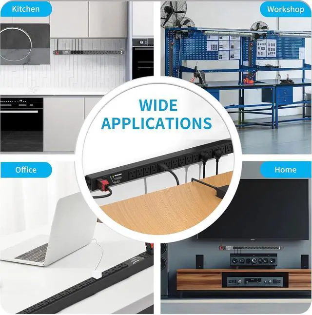 Alt view image 6 of 7 - 16 Outlet Heavy Duty Surge Protector Power Strip, 15A/125V with Switch, 5-15R Outlets, 6 Ft 5-15P to Auto-Lock Power Cable, Aluminum Alloy Mountable Power Strip for Home, Office, Garage