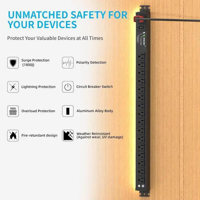 Alt view image 5 of 7 - 16 Outlet Heavy Duty Surge Protector Power Strip, 15A/125V with Switch, 5-15R Outlets, 6 Ft 5-15P to Auto-Lock Power Cable, Aluminum Alloy Mountable Power Strip for Home, Office, Garage