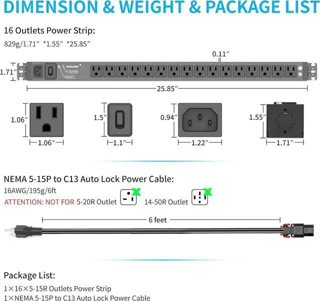 Alt view image 7 of 7 - 16 Outlet Heavy Duty Surge Protector Power Strip, 15A/125V with Switch, 5-15R Outlets, 6 Ft 5-15P to Auto-Lock Power Cable, Aluminum Alloy Mountable Power Strip for Home, Office, Garage